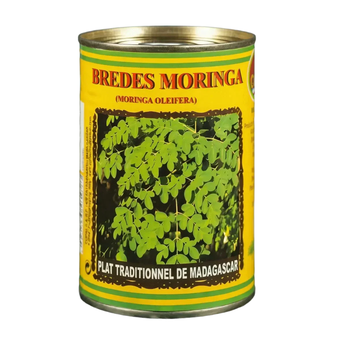 Ingeblikte moringabladeren, traditioneel gerecht uit Madagaskar. Geel-groen etiket.