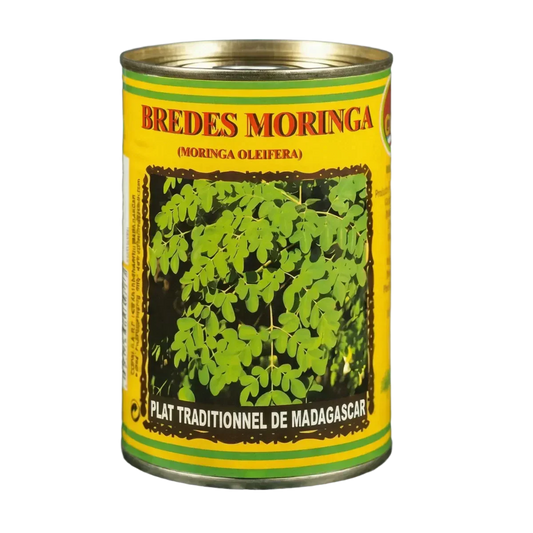 Ingeblikte moringabladeren, traditioneel gerecht uit Madagaskar. Geel-groen etiket.