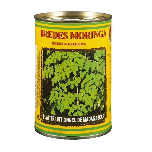 Conserve de brèdes moringa, plat traditionnel de Madagascar. Étiquette jaune, vert.