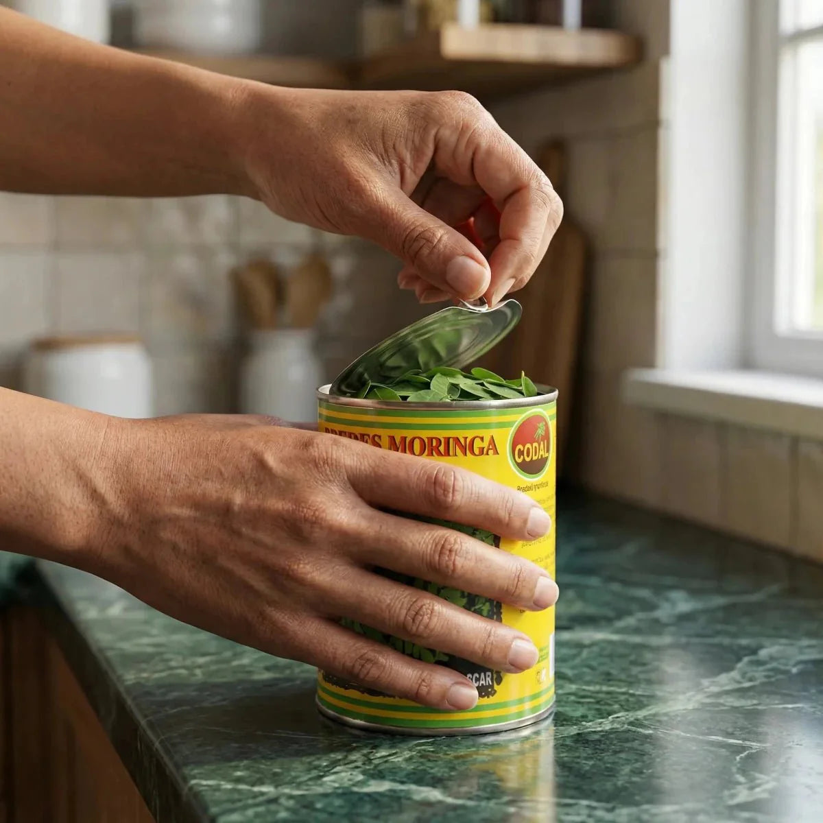Ouvrant une conserve de brèdes moringa CODAL 400g sur un plan de travail vert marbré.