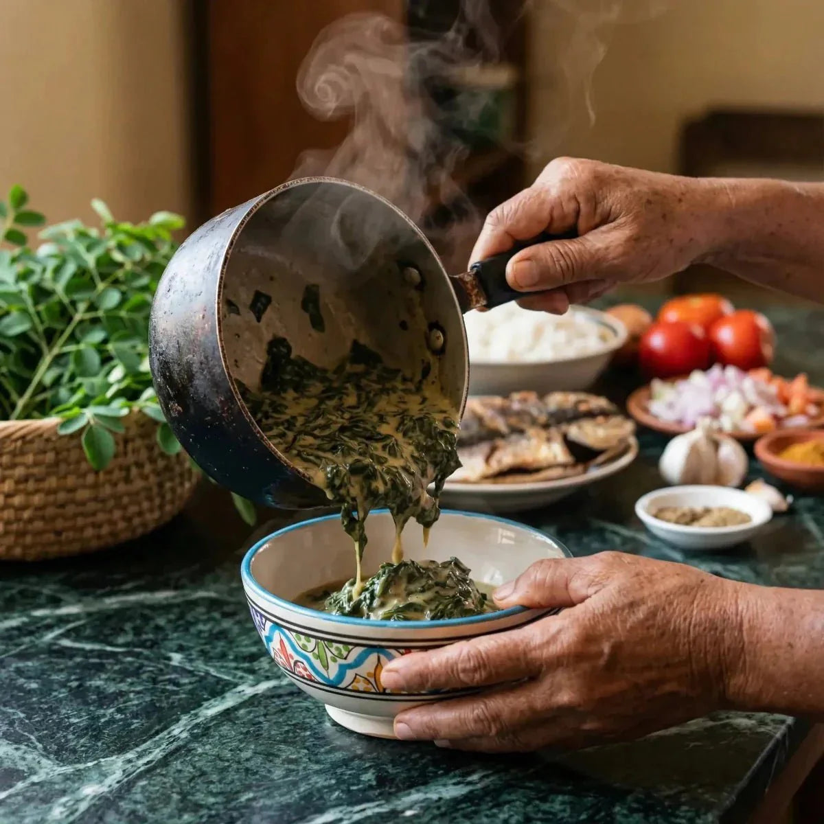 Brèdes moringa CODAL versées fumantes dans un bol décoré. Plant, poisson, riz.