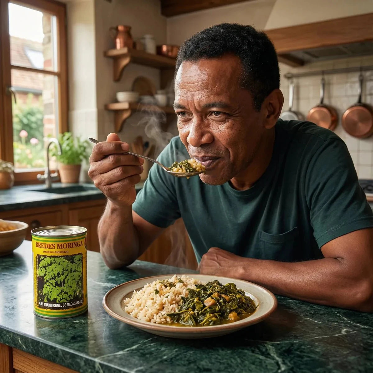 Homme mangeant un plat de brèdes moringa avec une boîte CODAL à côté. Cuisine familiale.