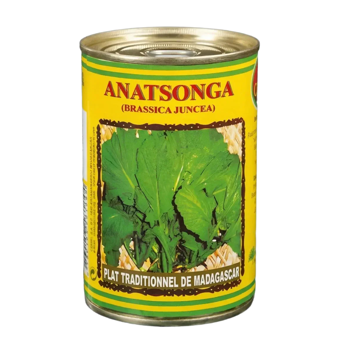 Inmaak van Anatsonga (Malagassische mosterdgroenten). Geel etiket, foto van brèdes.