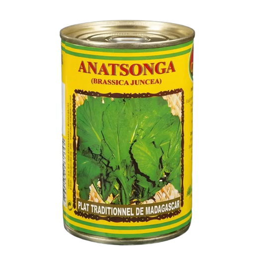 Conserve d'Anatsonga (brèdes moutarde malgache). Étiquette jaune, photo de brèdes.