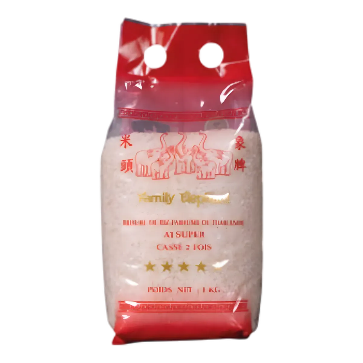 Brisures de Riz TERSOL cassé 2 fois en sachet de 1 kg, emballage rouge Family Elephant pour épicerie salée. Riz idéal pour soupes et plats mijotés.