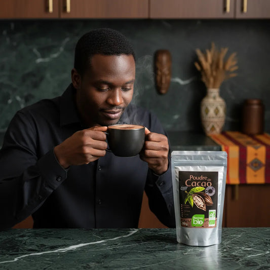 Homme dégustant une boisson chaude à base de poudre de cacao RACINES BIO, cacao bio non sucré idéal pour un moment gourmand et sain.