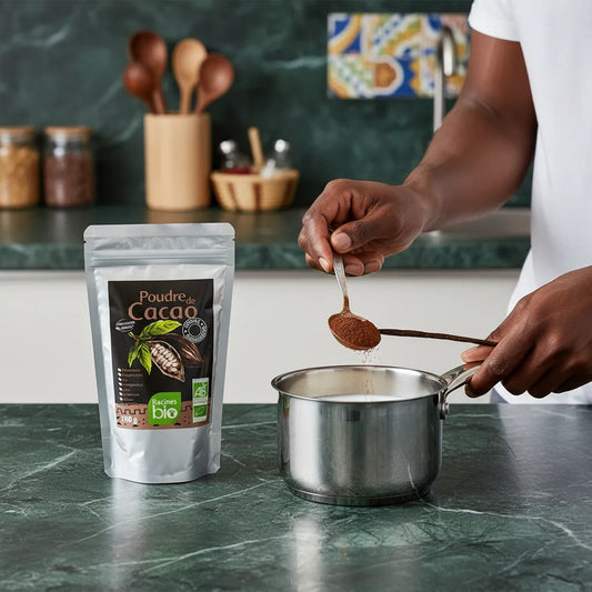 Préparation d'une boisson chaude avec la poudre de cacao RACINES BIO, cacao bio non sucré parfait pour recettes maison et chocolat chaud.