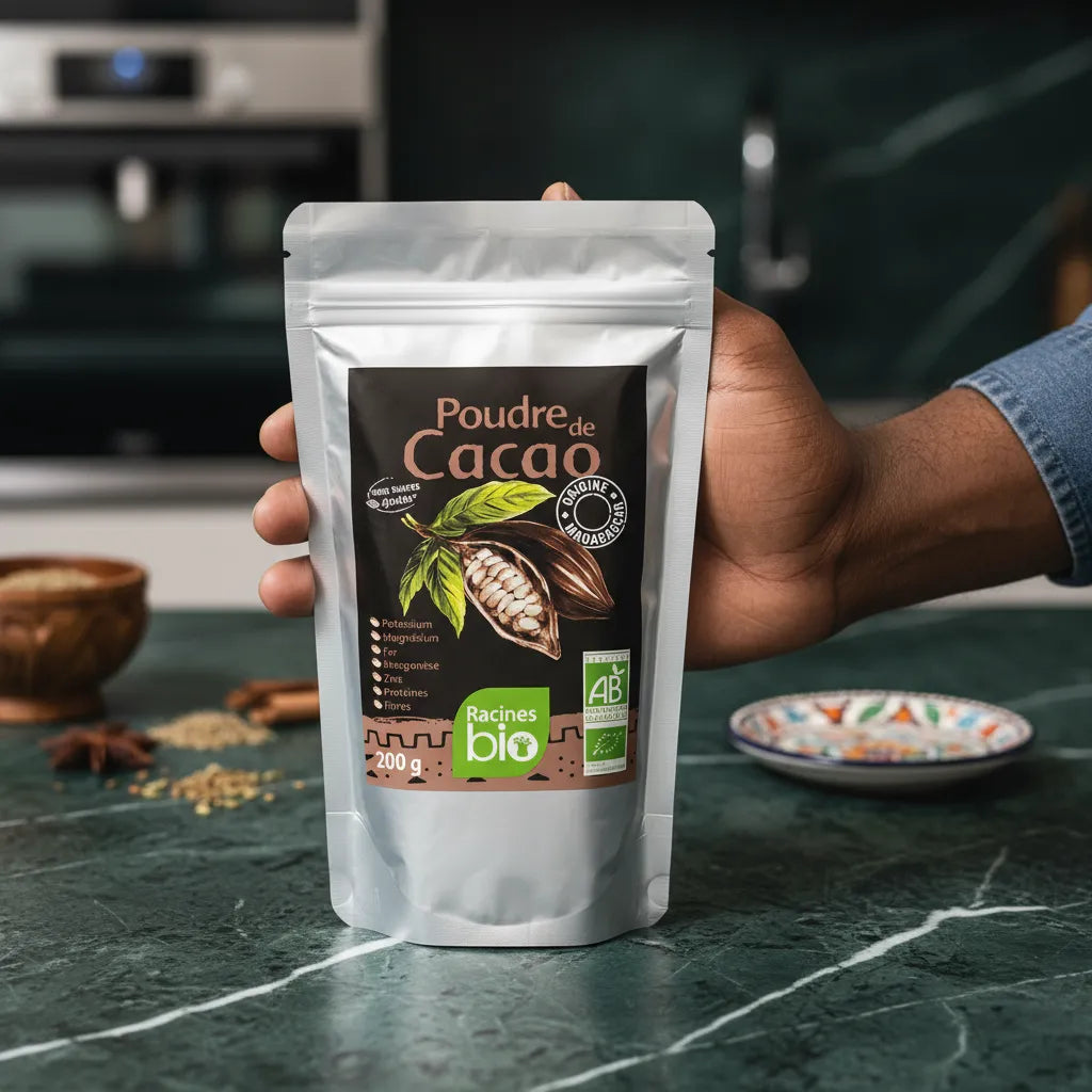 Main tenant un sachet de poudre de cacao RACINES BIO, cacao bio non sucré de qualité, parfait pour cuisine saine et pâtisserie maison.