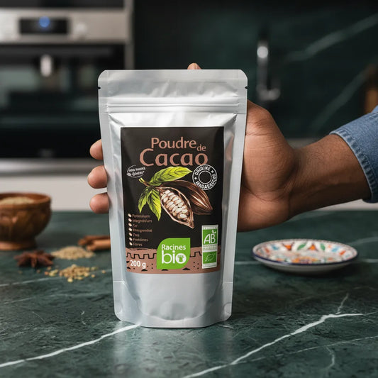 Main tenant un sachet de poudre de cacao RACINES BIO, cacao bio non sucré de qualité, parfait pour cuisine saine et pâtisserie maison.