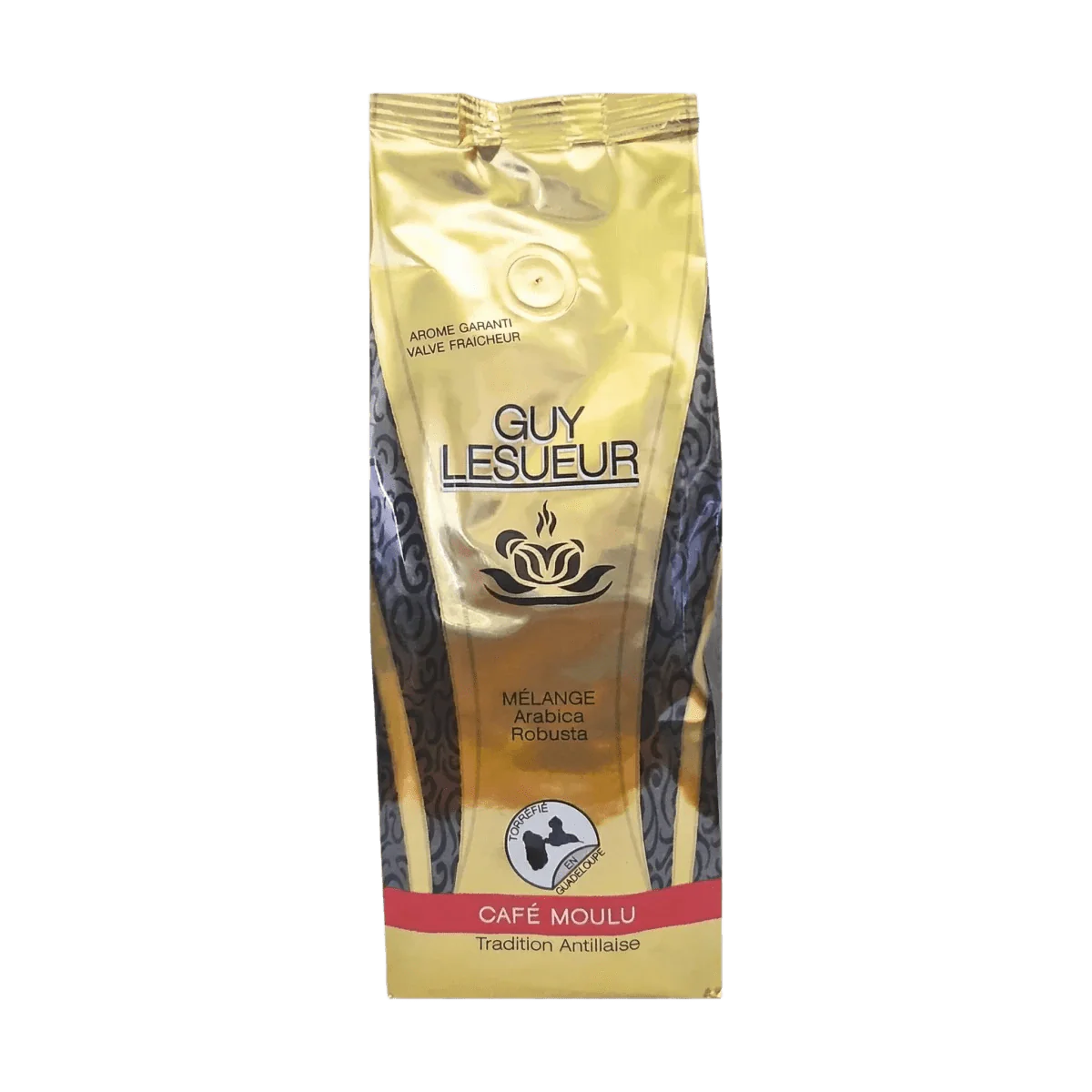Gouden pakje gemalen koffie GUY LESUEUR, Arabica- en Robusta-melange. Gebrand in Guadeloupe.