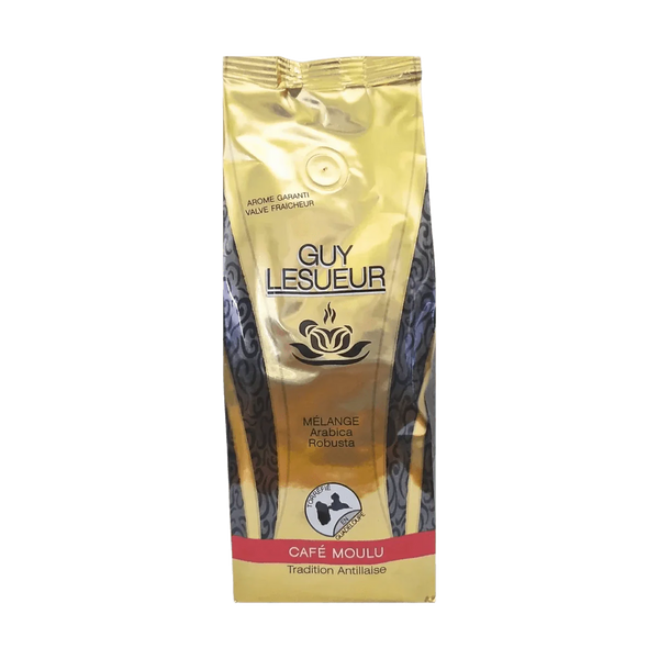 Goldene Packung gemahlener Kaffee GUY LESUEUR, Mischung aus Arabica und Robusta. Geröstet in Guadeloupe.