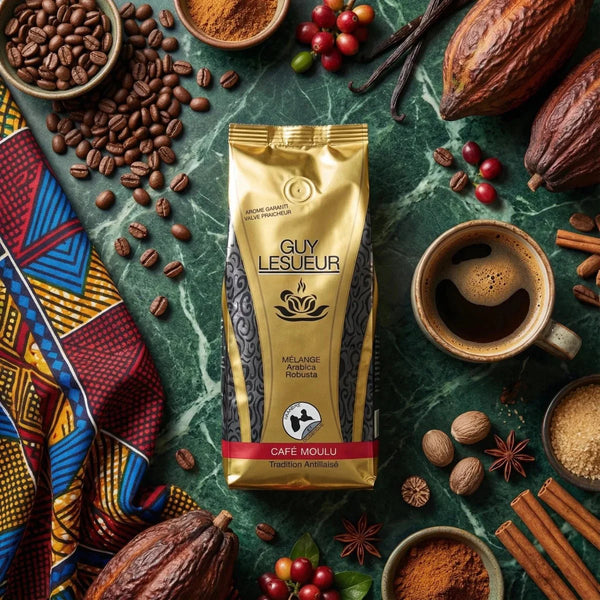 Gemahlener Kaffee Guy Lesueur, goldene Verpackung, umgeben von Bohnen, Gewürzen, dampfende Tasse, warme Dekoration.