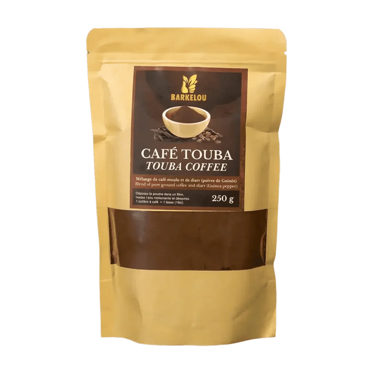 Gouden zakje Café Touba BARKELOU 250g: gemalen mengsel & diarr (Guinese peper).