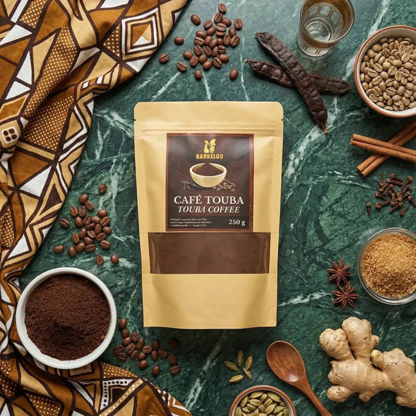 Paquet Café Touba BARKELOU 250g, épices (gingembre, cannelle, girofle), grains café.