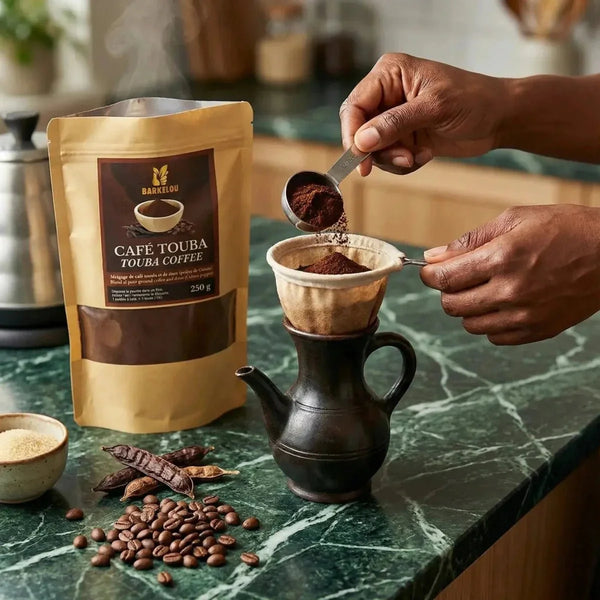 Préparation de café Touba BARKELOU : sachet kraft, café moulu versé dans filtre.