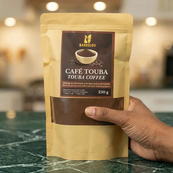 Sachet kraft de Café Touba moulu BARKELOU 250g, mélangé à du poivre de Guinée.