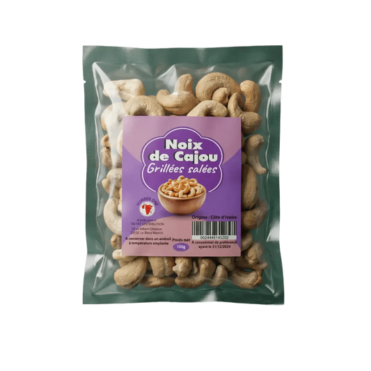 Bag of roasted and salted cashew nuts, Number One brand, purple packaging.