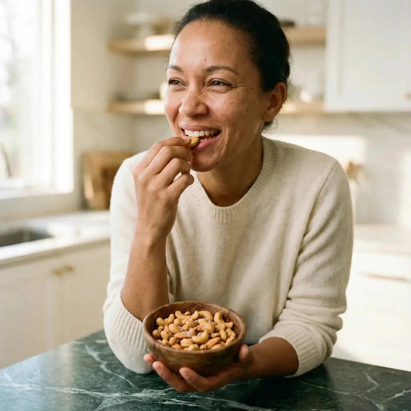 NUMBER ONE Roasted cashew: smiling woman enjoying a bowl of nuts in her bright kitchen.