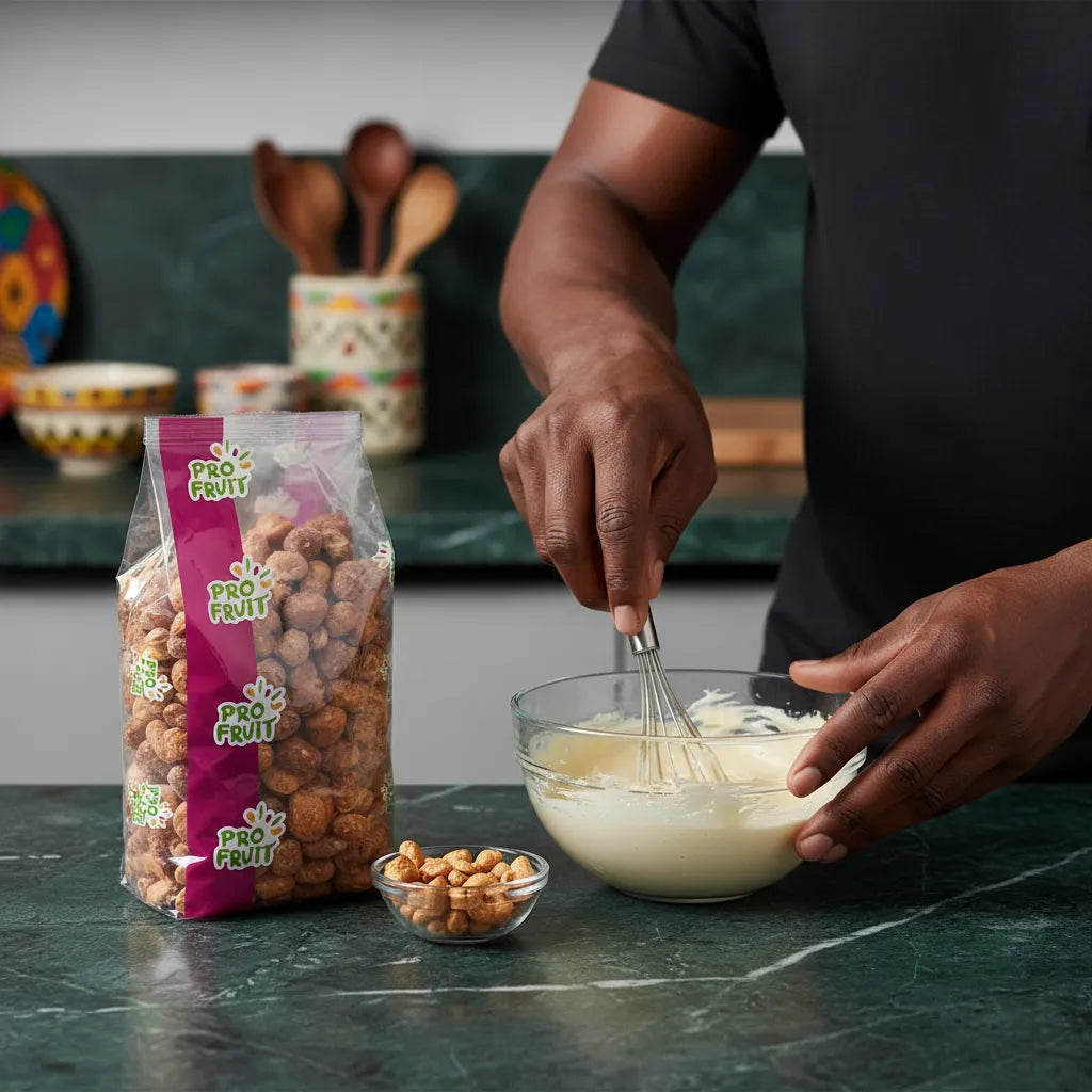 Préparation culinaire avec arachides sucrées PROFRUIT - Saveur et Croquant, ajoutant du croquant sucré à vos desserts faits maison.