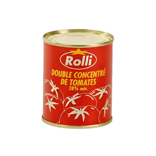 Boîte de double concentré de tomate ROLLI 28% min, idéale pour enrichir sauces et plats mijotés. Épicerie salée incontournable en cuisine.