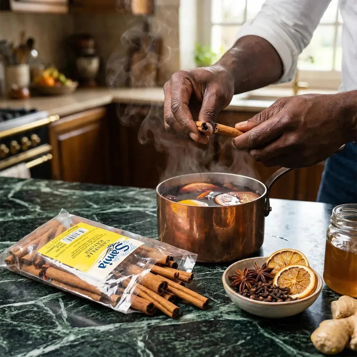 SAMIA cinnamon sticks. Mulled wine preparation: cinnamon sticks, oranges, star anise.