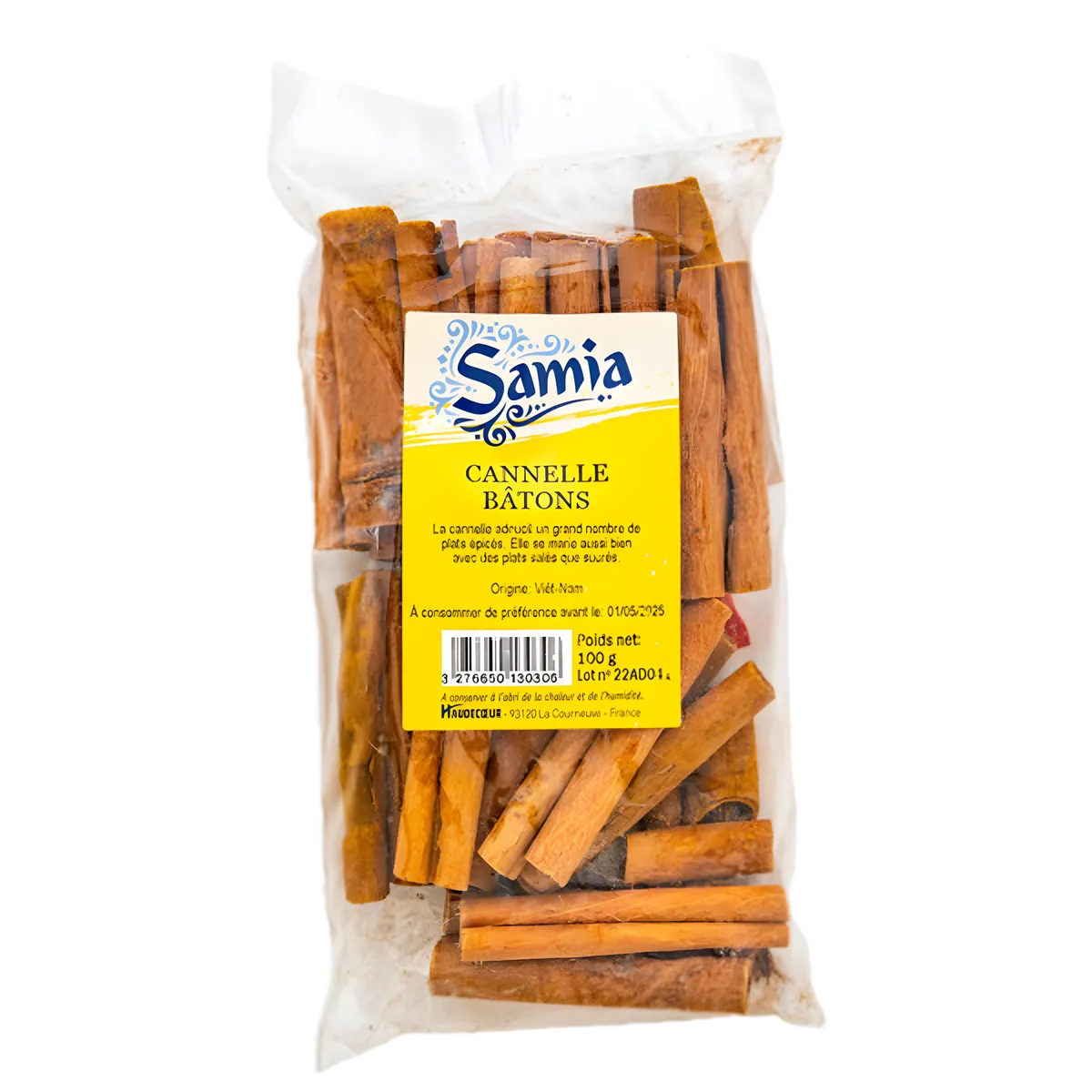 Cannelle en bâton SAMIA - Bâtons de cannelle entiers dans un sachet transparent, épice aromatique pour cuisine sucrée et salée.