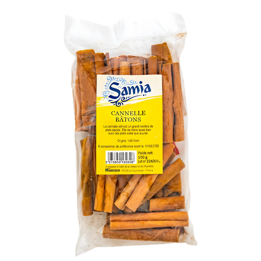 Cannelle en bâton SAMIA - Bâtons de cannelle entiers en sachet transparent, épice aromatique pour cuisine sucrée et salée, épicerie salée.