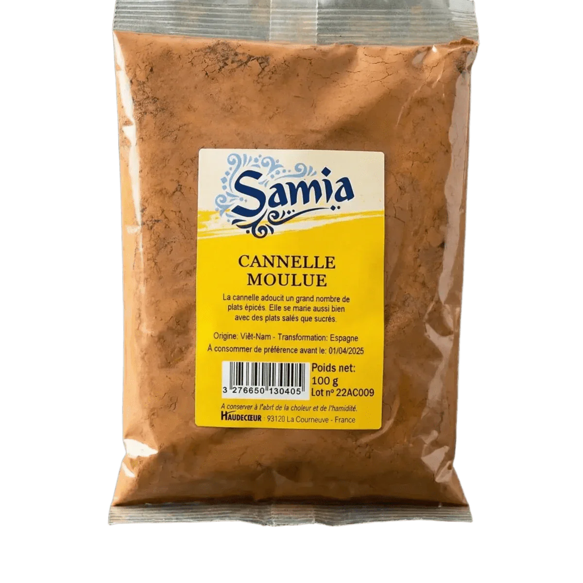 Packet of ground cinnamon SAMIA. Close-up of the sealed packaging and its yellow label.