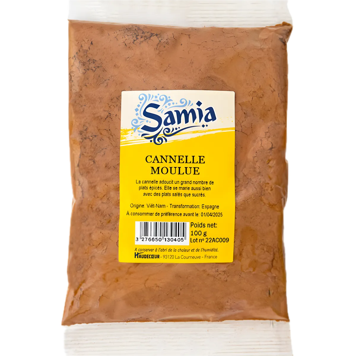 Cannelle moulue SAMIA - Cannelle Moulue Bio en sachet de 100g, idéale pour cuisine variée, desserts et plats salés. Épice douce et sucrée.