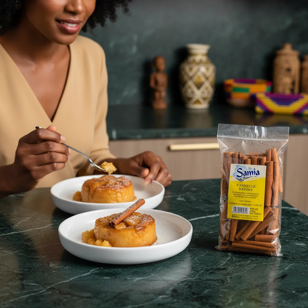 Cannelle en bâton SAMIA posée à côté de desserts maison, utilisée comme épice aromatique dans la cuisine quotidienne.