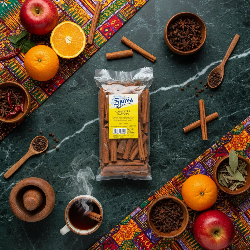 Cannelle en bâton SAMIA entourée d’ingrédients exotiques sur une table, idéale pour infusions et recettes épicées.