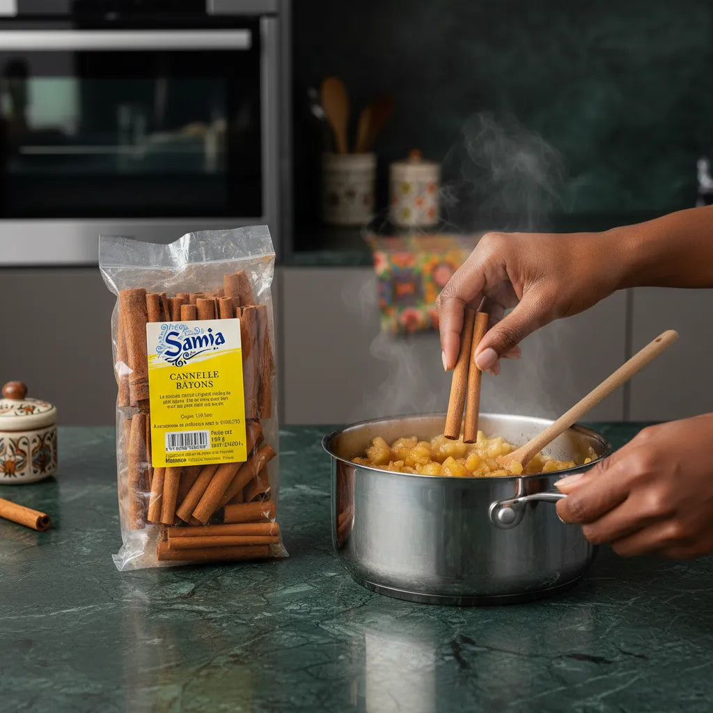 Bâtons de cannelle SAMIA ajoutés à une compote maison, parfaits pour parfumer les plats sucrés dans une cuisine moderne.