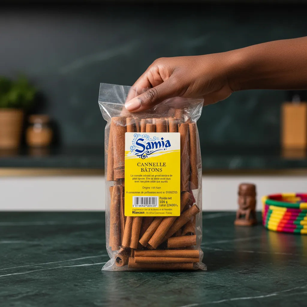Main tenant un sachet de cannelle en bâton SAMIA, produit d’épicerie salée pour assaisonner plats et desserts.