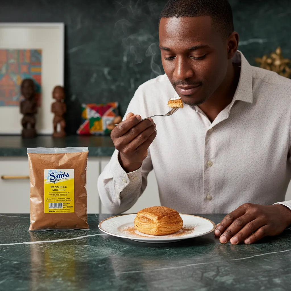 Homme dégustant des pancakes saupoudrés de cannelle moulue SAMIA - Cannelle Moulue Bio pour desserts et plats salés.