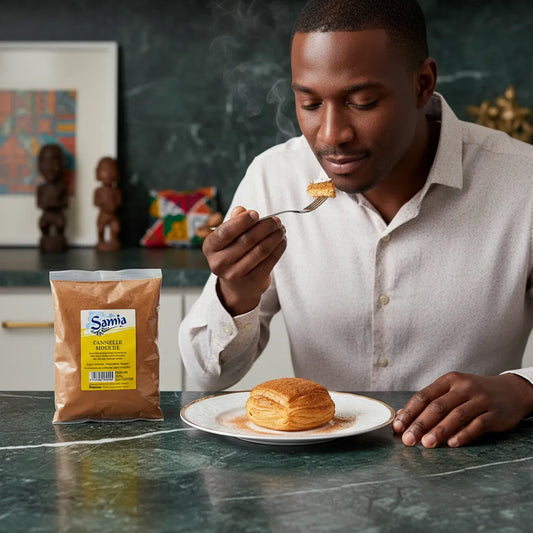 Homme dégustant des pancakes saupoudrés de cannelle moulue SAMIA - Cannelle Moulue Bio pour desserts et plats salés.