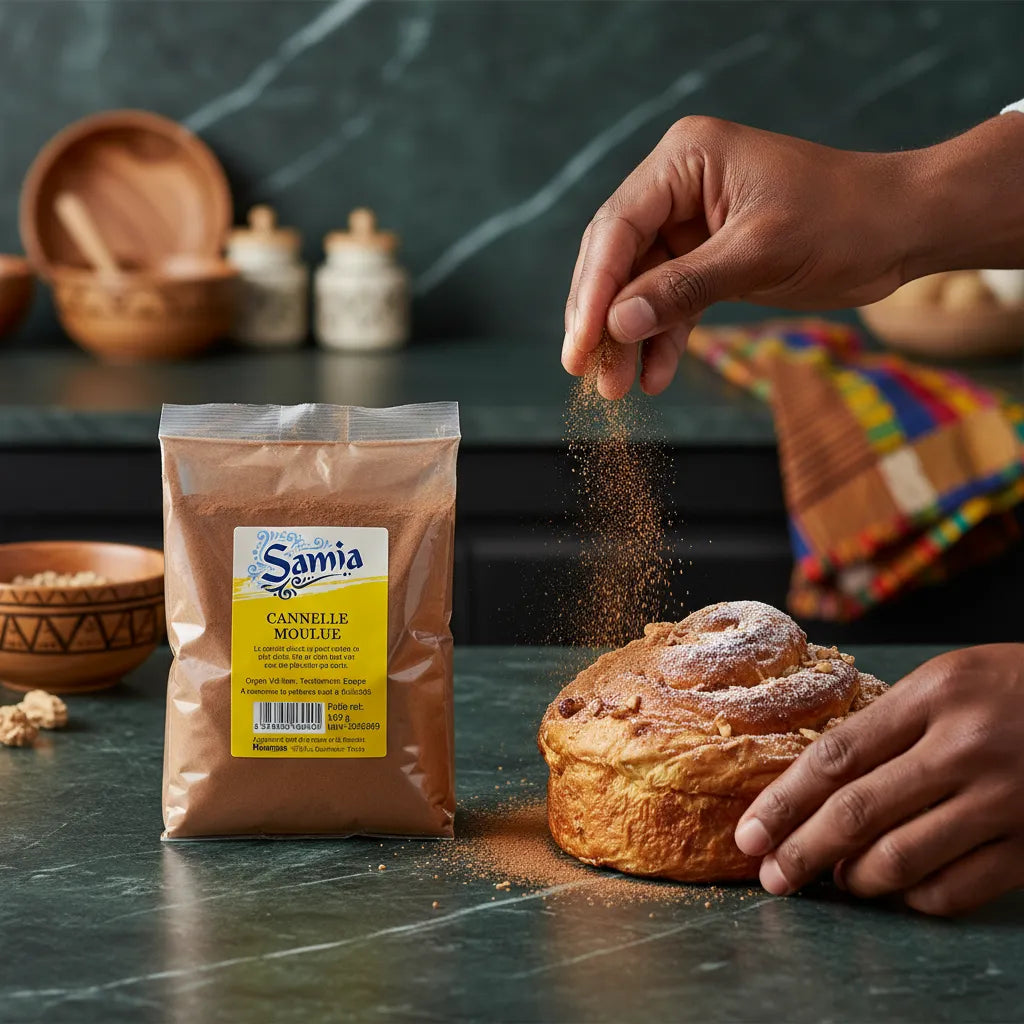 Main saupoudrant de la cannelle moulue SAMIA sur une brioche - Cannelle Moulue Bio parfaite pour pâtisserie et épicerie salée.