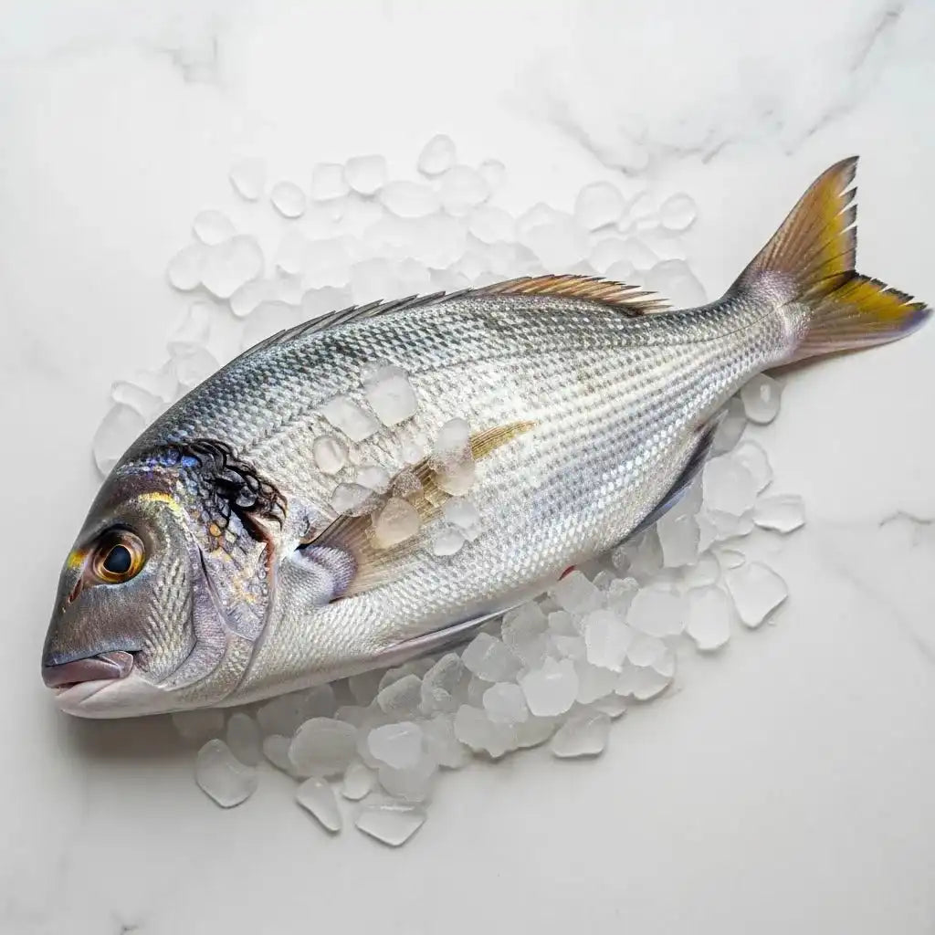 Poisson Capitaine Empereur sur lit de glace, conservant sa fraîcheur et sa texture ferme, parfait pour plats de fruits de mer surgelés.