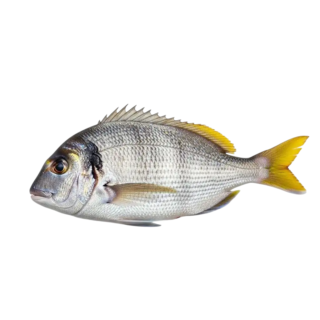 Capitaine Empereur poisson surgelé entier, à la peau argentée et nageoires jaunes, idéal pour recettes de fruits de mer à texture ferme.