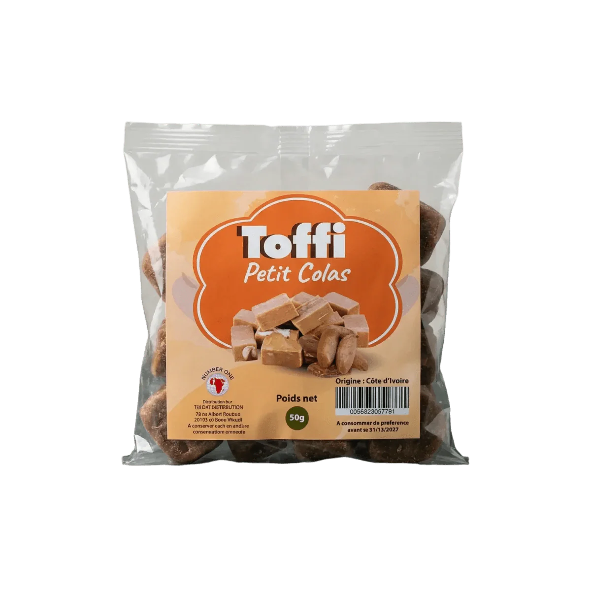 Bag of Toffi Petit Colas caramels. Transparent packaging with orange label.