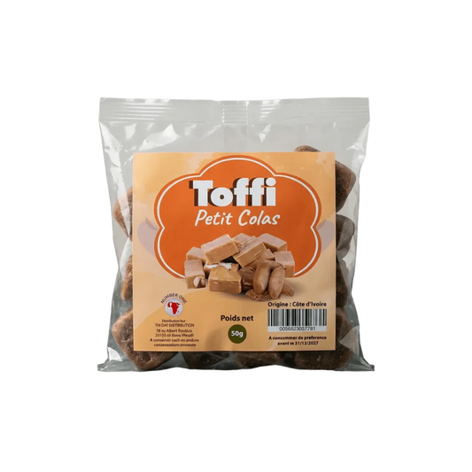 Bag of Toffi Petit Colas caramels. Transparent packaging with orange label.