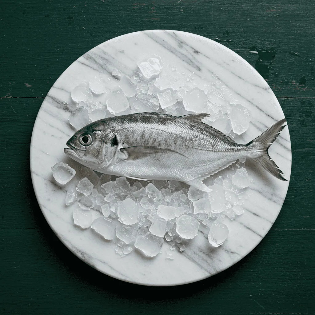 Carangue trevally - POISSON - NKOSI présenté sur lit de glace, poisson frais parfait pour cuisine saine et savoureuse, texture ferme.