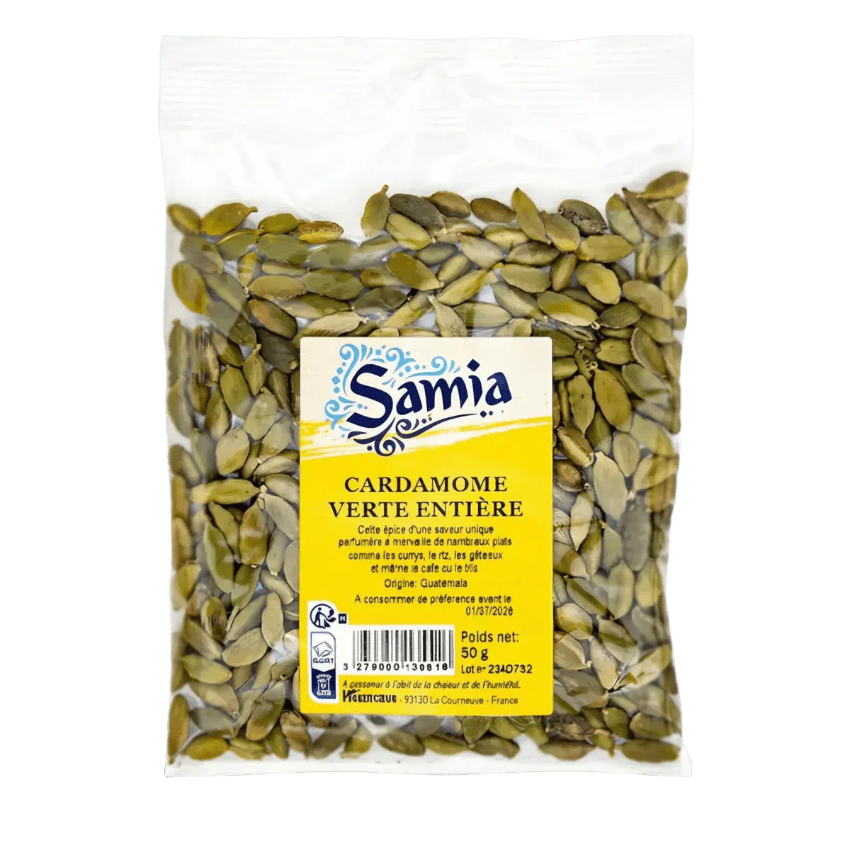 Packet of whole green cardamom SAMIA. Green seeds visible through the packaging.