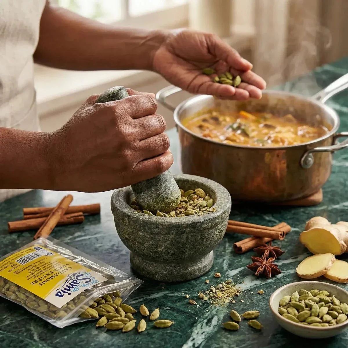 Cardamome SAMIA, 50g, broyée au mortier près d'une casserole de soupe, anis, gingembre.