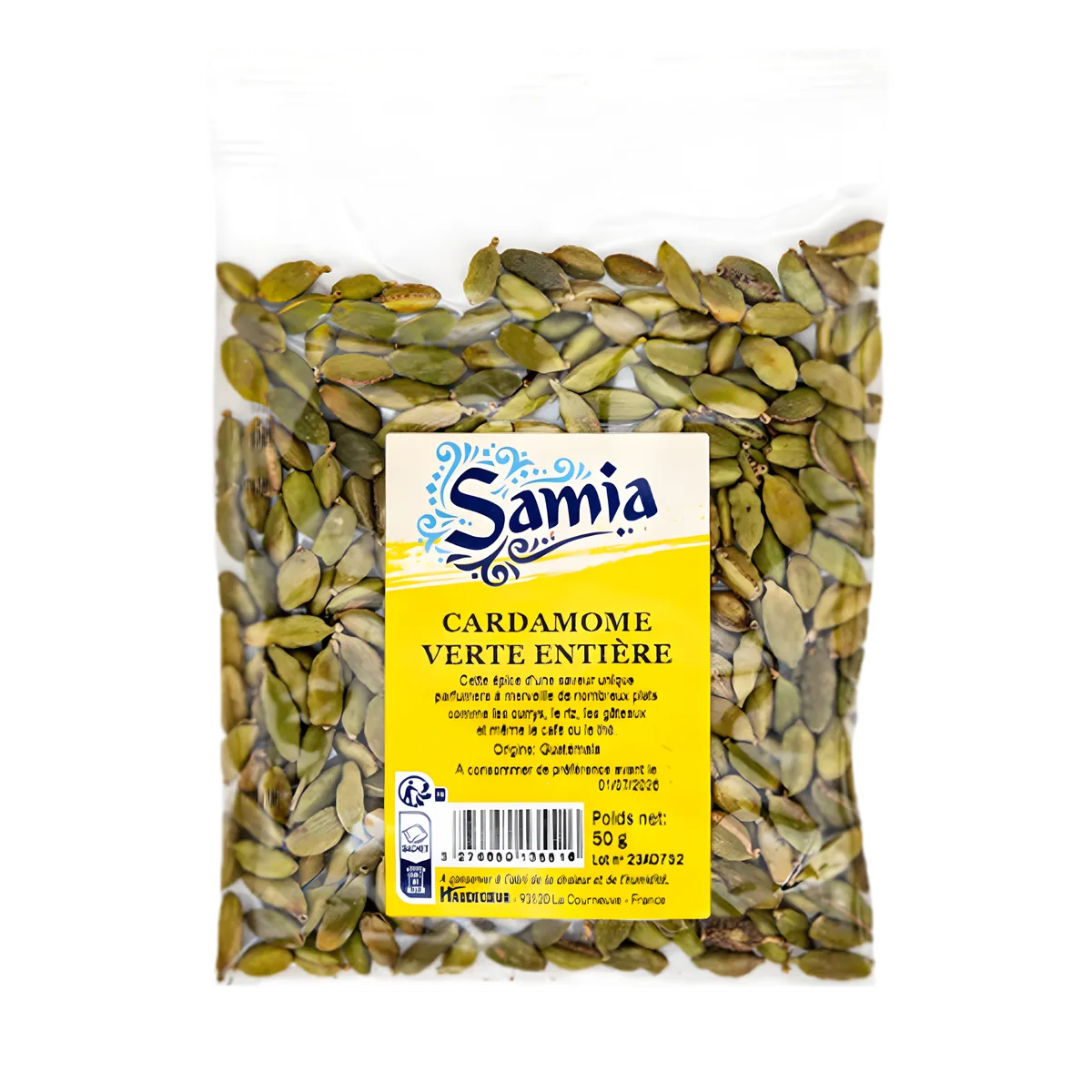 Cardamome verte entière SAMIA - Bio, sachet de 50g d'épice aromatique pour cuisine sucrée et salée. Épicerie salée de qualité supérieure.