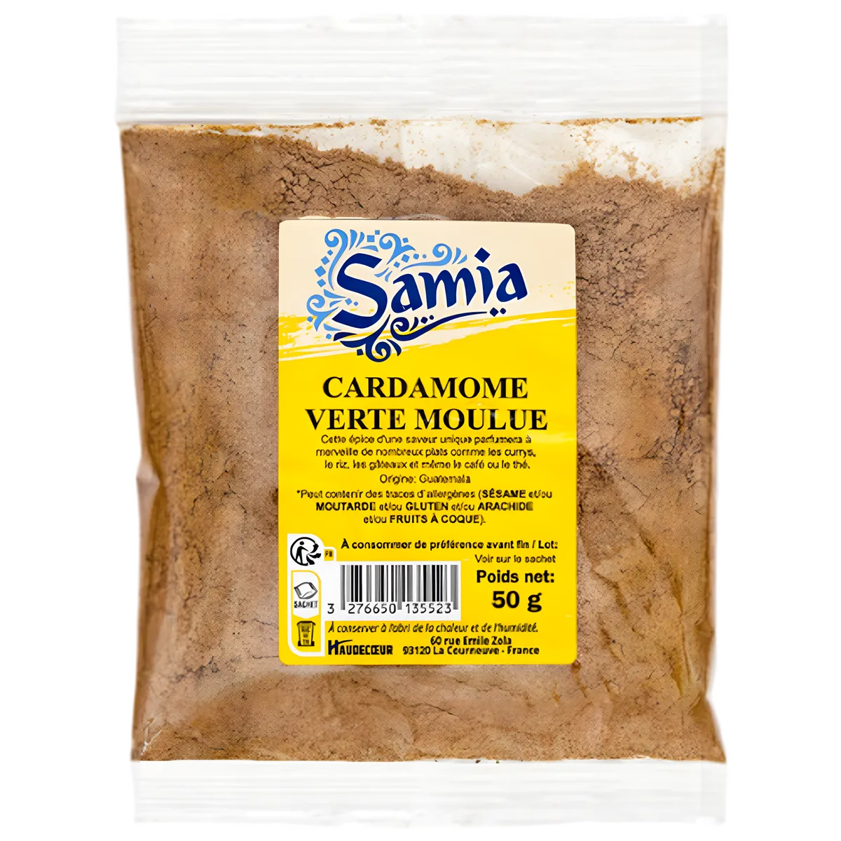 Cardamome Moulue SAMIA - Cardamome Verte Moulue en sachet de 50g, épice aromatique pour cuisine sucrée et salée. Épicerie salée de qualité.