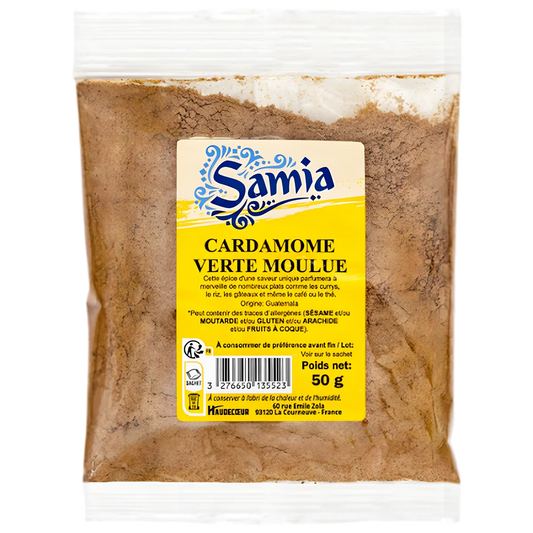 Cardamome Moulue SAMIA - Cardamome verte moulue en sachet de 50g, épice aromatique pour cuisine sucrée et salée, gamme épicerie salée.
