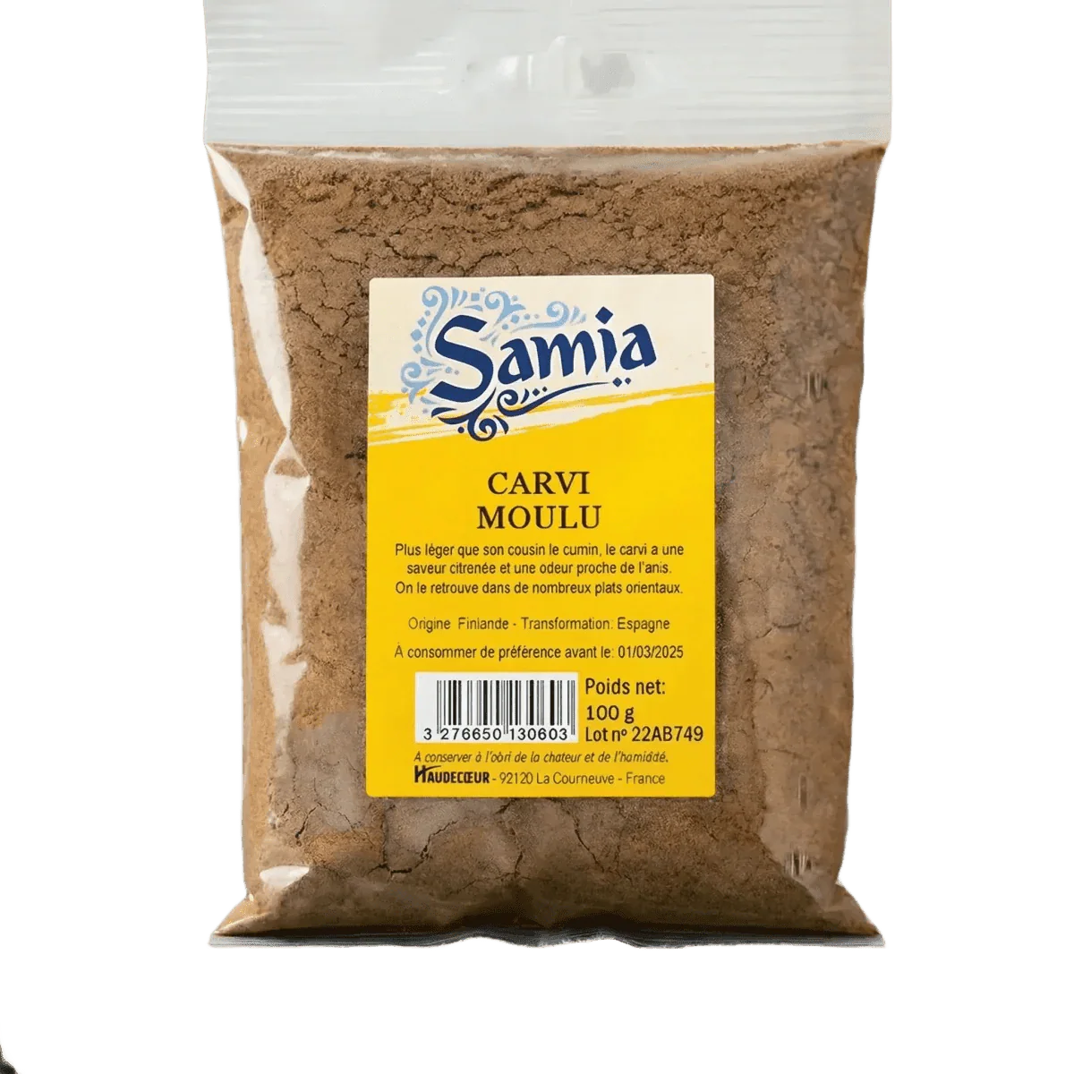 100g SAMIA ground caraway sachet. Close-up of the yellow packaging and its brown powder.