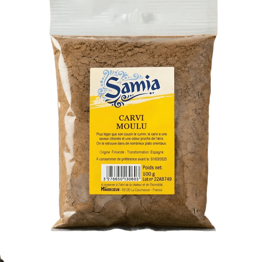 100g SAMIA ground caraway sachet. Close-up of the yellow packaging and its brown powder.