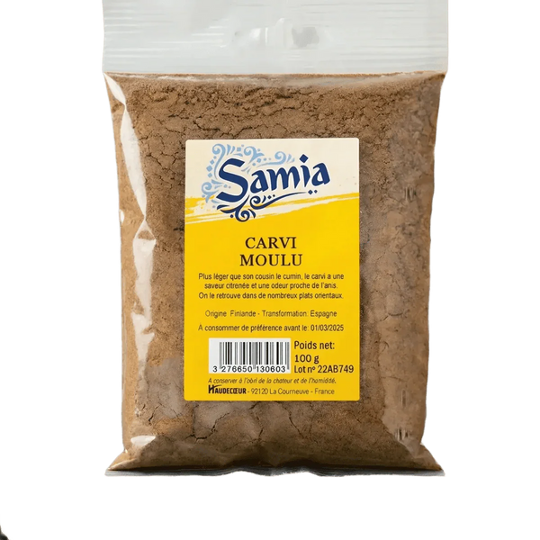 100g Beutel gemahlener Kümmel SAMIA. Nahaufnahme der gelben Verpackung und ihres braunen Pulvers.