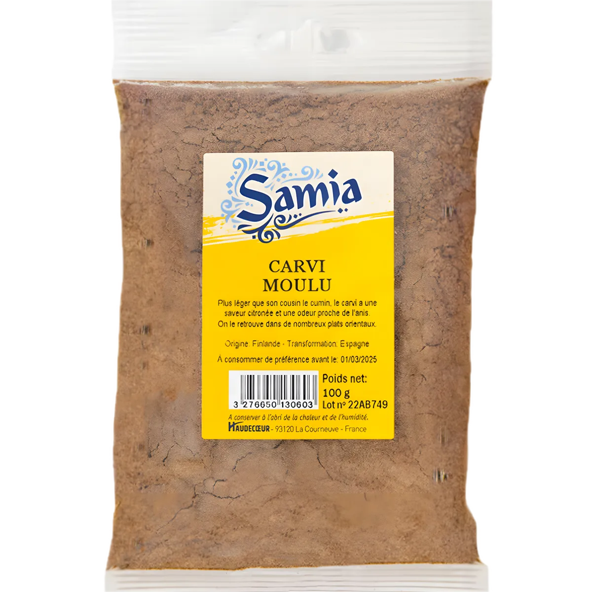 Carvi moulu SAMIA - Poudre Carvi Moulu en sachet de 100g, épice anisée idéale pour la cuisine orientale et méditerranéenne.